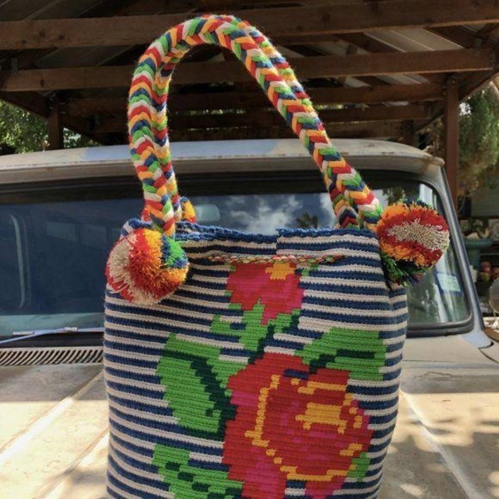 Wayuu Striped Rose Braided Handle Tote Bag Colombi - Picture 5 of 7